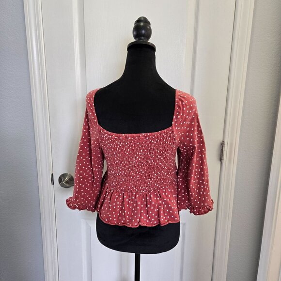 American Eagle Rust Polka Dot Ruffle 3/4 Sleeve Smocked Peplum Top Size M, Red - Picture 3 of 11